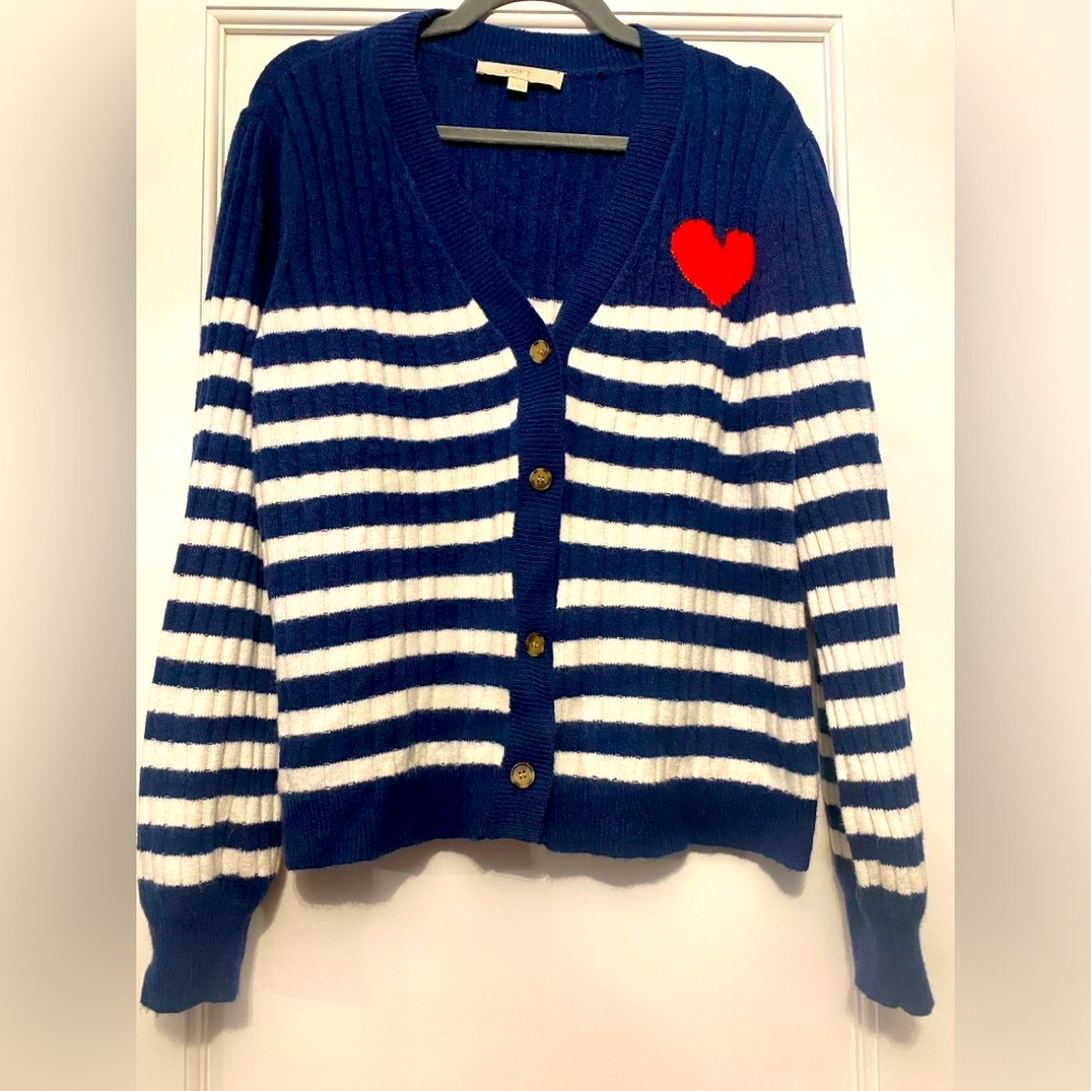 ANN TAYLOR LOFT NAVY STRIPED CARDIGAN WITH RED HEART DETAIL